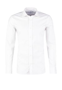Biela pánska košeľa s dlhým rukávom, zapínaná na gombíky, s klasickým golierom, navrhnutá pre štíhly strih.