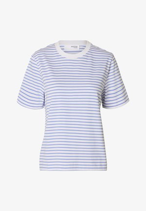 Striped t-shirt in white with light blue horizontal stripes. Short sleeves and round neckline. Soft cotton material, regular fit.