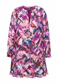 Vestito tunica multicolore caratterizzato da un mix di motivi astratti in rosa, viola e blu, con scollatura a V, maniche lunghe e orlo a balze.