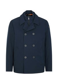 Giacca da uomo blu navy doppiopetto con ampio colletto, chiusura a bottoni, strato interno con zip e tasche laterali.