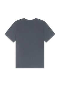 Szürke pamut póló rövid ujjal, kerek nyakkivágással és egyszínű hátrészlet kialakítással. Sima textúra, nincs látható minta vagy kiemelés.