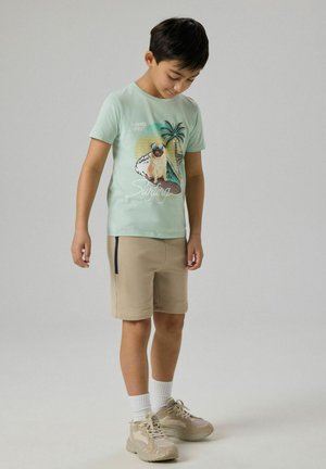 Chlapec v svetlomodrom tričku s potlačou šteniatka surfujúceho na vlne, v béžových krátkych nohaviciach, bielych ponožkách a teniskách, pozerajúci sa dole na jednofarebnom pozadí.