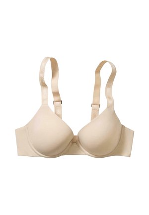 Beige formstøbt skåle-bh med justerbare stropper og bøjle, designet til jævn støtte og komfort.