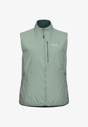 Lichtgroen mouwloos outdoorvest met voorrits, borstzak met rits, opstaande kraag en het Jack Wolfskin-logo op de borst.
