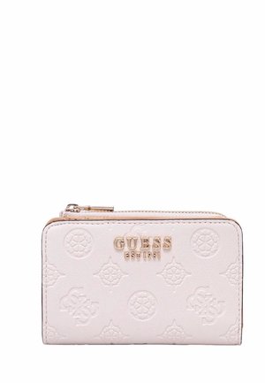 Portafoglio bianco in rilievo con texture a motivo, hardware color oro, logo sul fronte, chiusura a zip, forma rettangolare compatta.