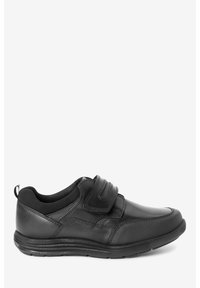 Schwarzer Schuh mit einem glatten Lederoberteil, Mesh-Akzenten und einem Klettverschluss. Verfügt über eine runde Zehenform und eine gepolsterte Sohle für zusätzlichen Komfort.