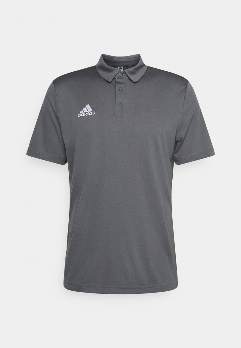 Mørkegrå polo t-shirt lavet af polyester, med krave, tre knapper og et lille hvidt Adidas-logo på venstre bryst.