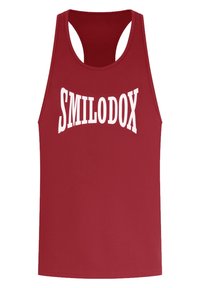 Débardeur bordeaux sans manches à dos nageur avec le mot "SMILODOX" en grandes lettres blanches arquées sur la poitrine.