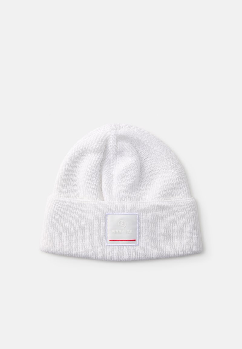 White knitted beanie with a folded cuff, featuring a rectangular patch labeled "FIRE+ICE" and a red accent line on the patch.