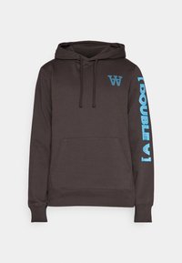 Dark brown hoodie with a front pocket, drawstring hood, and blue printed accents on the chest and sleeve, made from soft fabric.