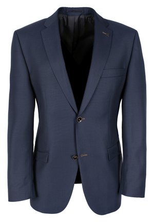 Navyblaues maßgeschneidertes Blazer aus strukturiertem Stoff, mit Reverskragen, zwei Knöpfen und einer einzelnen Tasche auf der linken Brust.