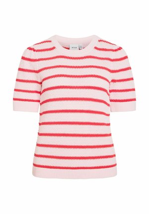 Pull tricot à manches courtes avec rayures horizontales roses et rouges et col rond.