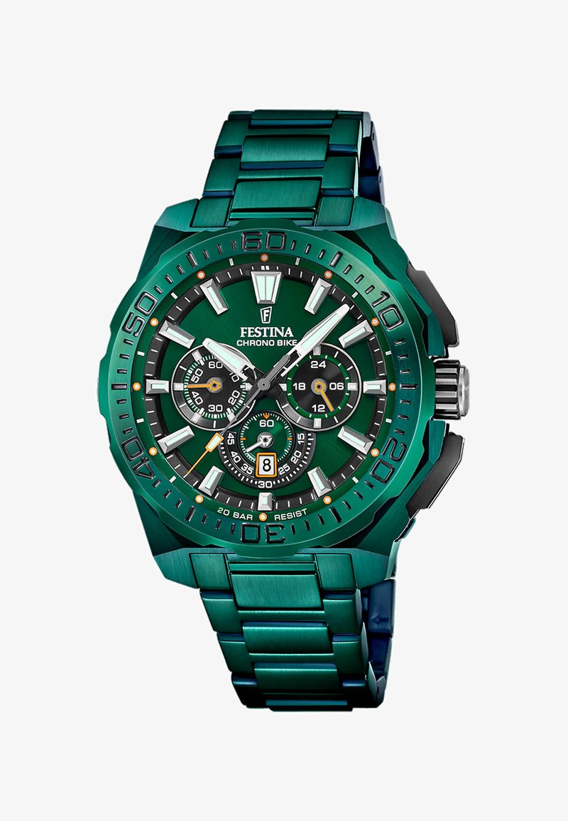 Zaļš nerūsējošā tērauda pulkstenis ar lielu, apaļu seju. Iespējas ietver vairākus subdisplejus, gaismas stundu atzīmes un 8 dienu datuma rādītāju.