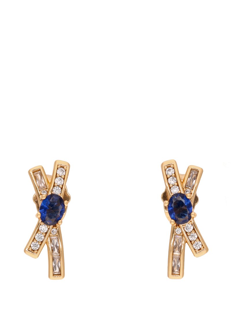 Zlaté náušnice s centrálním oválným modrým kamenem, po stranách průhledné a bagetově broušené kameny, se vzorem křížení.