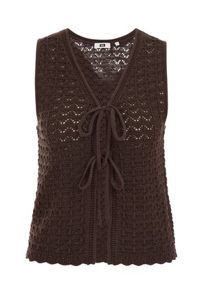 Bruine mouwloze gehaakte breivest met V-hals en twee sluitingen met strik aan de voorkant, met een gestructureerd opengewerkt patroon.