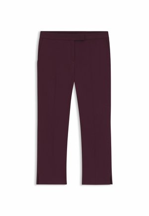 Bordeaux op maat gemaakte pantalon met een gladde textuur, voorzien van twee zijzakken en kleine splitten aan de zoom voor extra detail.
