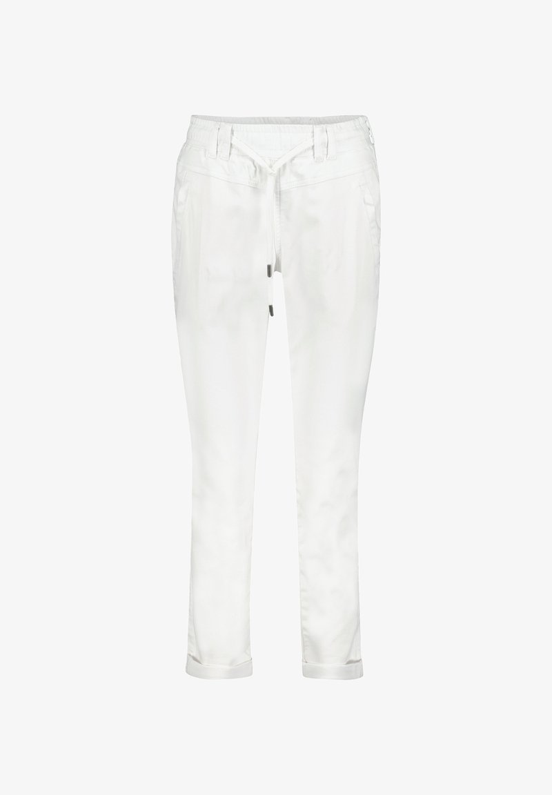Hvide bomuldsblandingsbukser med snøre i taljen, to side lommer og omslåede manchetter. Glat tekstur med en skræddersyet pasform.
