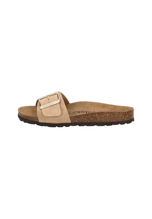 Pale tan suede slide sandal with a wide strap, rectangular metallic buckle, textured insole, and cork footbed, featuring a rubber outsole.