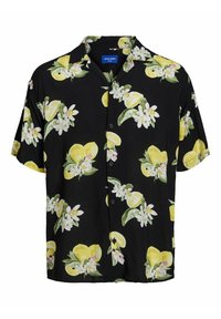 Zwart shirt met korte mouwen met een citroen- en bloemenprint. Gemaakt van lichtgewicht stof met een knoopsluiting aan de voorkant en een ontspannen pasvorm.