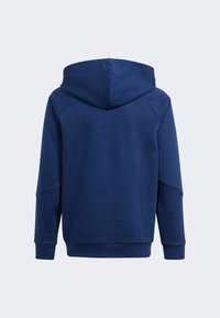 Navyblauer Kapuzenpullover mit glatter Textur, langen Ärmeln und lockerem Schnitt. Nähte an den Schultern.