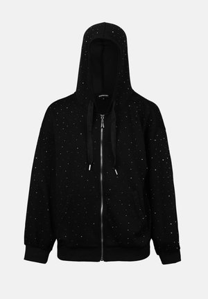 Black zip-up hoodie with a drawstring hood, featuring a dotted pattern of small silver studs, front pockets, and ribbed cuffs.