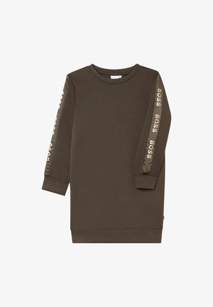 Langærmet mørkebrun sweatshirt-kjole med ribkanter og satinstriber på ærmerne med gentagne "BOSS"-logoer.