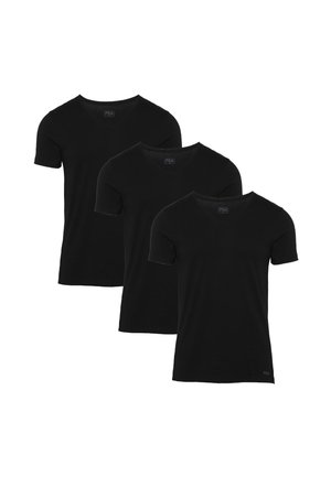 Drie zwarte T-shirts met korte mouwen en ronde hals, naast elkaar gerangschikt op een witte achtergrond.