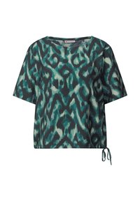 Top a maniche corte in teal e nero con un motivo astratto, caratterizzato da una vestibilità morbida e un dettaglio di legatura regolabile all'orlo.