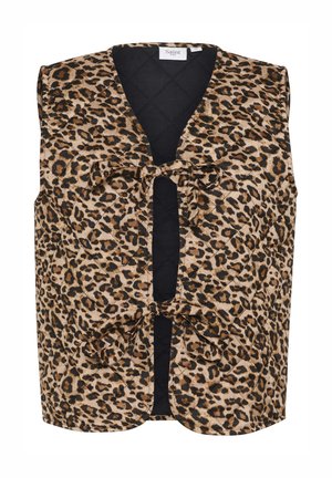 Kamizelka w panterkę z pikowaną strukturą, głębokim dekoltem w kształcie litery V oraz kokardkami z przodu, z jednolitą czarną tylną częścią. Lekki materiał.