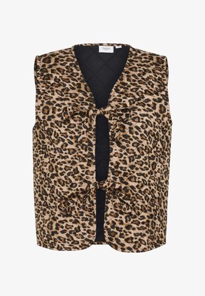 Kamizelka w panterkę z pikowaną strukturą, głębokim dekoltem w kształcie litery V oraz kokardkami z przodu, z jednolitą czarną tylną częścią. Lekki materiał.