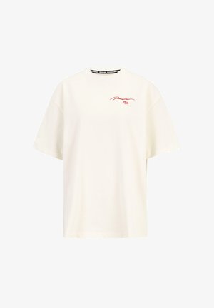 Kremna bombažna majica s kratkimi rokavi, sproščenega kroja in rdečim grafičnim tiskom, ki na sprednji strani vsebuje besedilo "Rocaire 99".