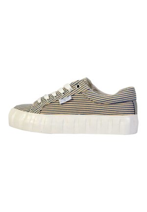 Zapatillas de lona a rayas con punta redondeada y suela de goma blanca. Incluyen ojales de metal y cordones blancos. Colores: beige y azul marino.