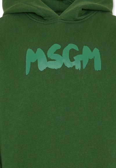 Felpa verde con cappuccio caratterizzata da un distintivo logo a pennellata in verde chiaro che recita "MSGM". Il tessuto sembra morbido e dalla consistenza particolare.