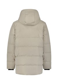 Beige gewatteerde jas met een capuchon, met horizontale stiksels, elastische manchetten en een gladde, waterafstotende buitenkant.