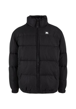 Black puffer jacket with a high collar, zip closure, horizontal quilted pattern, and elasticated hem and cuffs. Tag on the left chest.