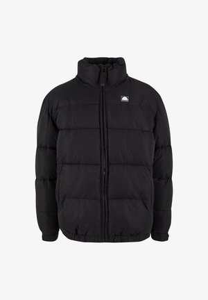 Fekete puffkabát magas gallérral, cipzáras záródással, vízszintes tűzött mintázattal, valamint rugalmas deréknél és mandzsettánál. Címke a bal mellen.