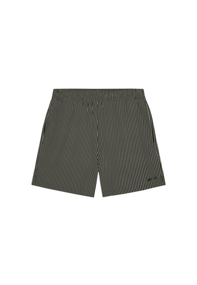 Shorts noirs et gris à rayures verticales avec taille élastique, poches latérales et petit logo sur la partie inférieure droite de la jambe.