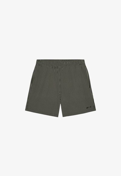 Shorts noirs et gris à rayures verticales avec taille élastique, poches latérales et petit logo sur la partie inférieure droite de la jambe.