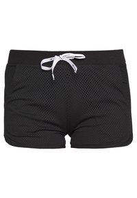 Svarta nätshorts med en åtsittande design, elastisk midja, vit dragsko och sidfickor. Har en kontrasterande tygtextur.