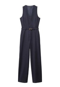 Combinaison bleu marine à fines rayures, dotée d'un col en V, sans manches, cinq boutons, une taille ceinturée et un pantalon à jambes larges.