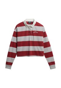 Maglietta polo a maniche lunghe a strisce rosse e grigie con colletto bianco e logo ricamato "Superdry" sul petto; design corto.