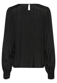 Black blouse with long puff sleeves and a back keyhole opening. Features a smooth texture and smocked cuffs.