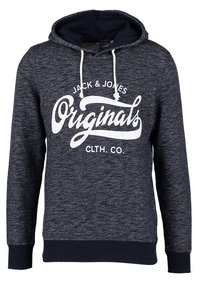 Felpa con cappuccio blu navy in tessuto strutturato, con stampa grafica bianca "Jack & Jones Originals" e cappuccio con coulisse.