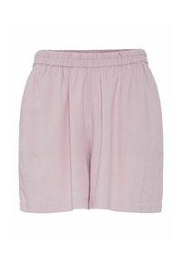 Shorts rose clair en tissu léger, dotés d'une taille élastique et d'une coupe décontractée avec des bords légèrement volants.