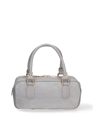 Sac à main rectangulaire gris avec bords arrondis, doubles poignées, ferrures dorées et fermeture éclair supérieure sur fond blanc.