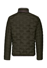 Dark green quilted jacket with high collar, visible stitching patterns, and padded insulation viewed from the back.