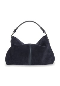 Ciemnoniebieska torebka zamszowa o miękkim, zwisającym kształcie, z pojedynczym uchwytem na górze oraz pionowym skórzanym wykończeniem na środku frontu.