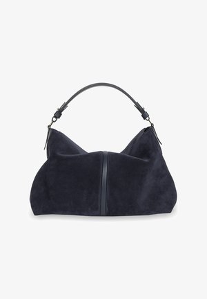 Ciemnoniebieska torebka zamszowa o miękkim, zwisającym kształcie, z pojedynczym uchwytem na górze oraz pionowym skórzanym wykończeniem na środku frontu.