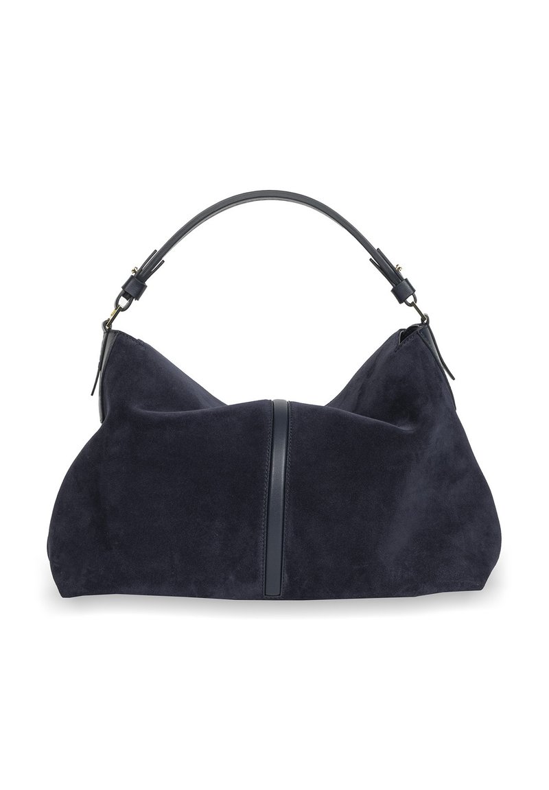 Ciemnoniebieska torebka zamszowa o miękkim, zwisającym kształcie, z pojedynczym uchwytem na górze oraz pionowym skórzanym wykończeniem na środku frontu.