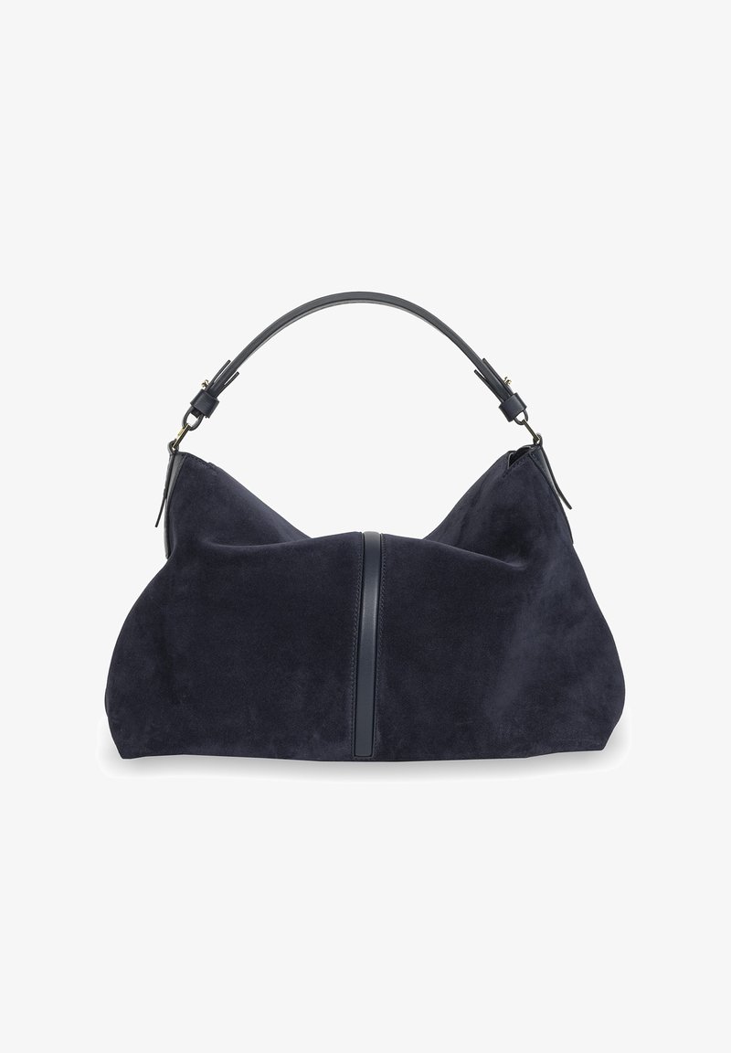 Ciemnoniebieska torebka zamszowa o miękkim, zwisającym kształcie, z pojedynczym uchwytem na górze oraz pionowym skórzanym wykończeniem na środku frontu.